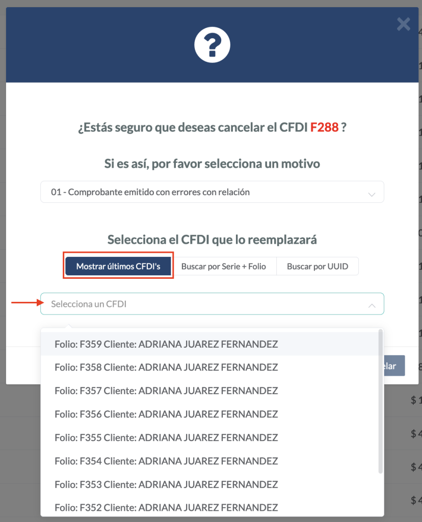 Vista de la opción 01 buscando el CFDI a remplazar de entre los últimos timbrados