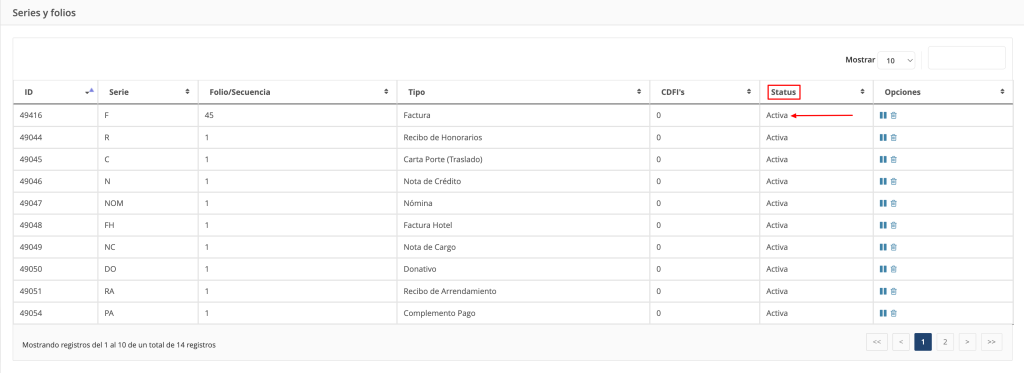 Vista de la sección Series y folios, señalando la columna Status - Activa