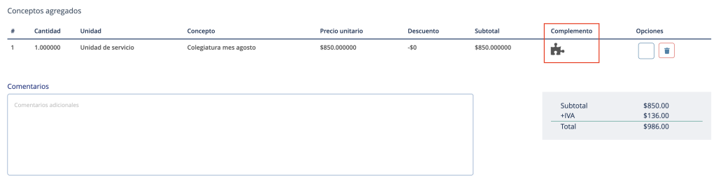 Sección conceptos agregados señalando la columna complemento