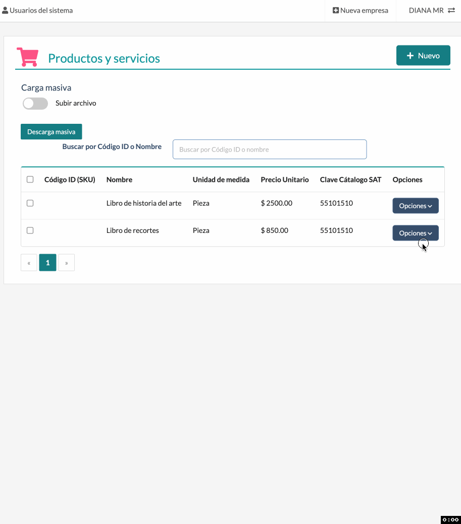 Imagen con movimiento para mostrar el proceso para eliminar un servicio o producto en tu catálogo en Factura.com
